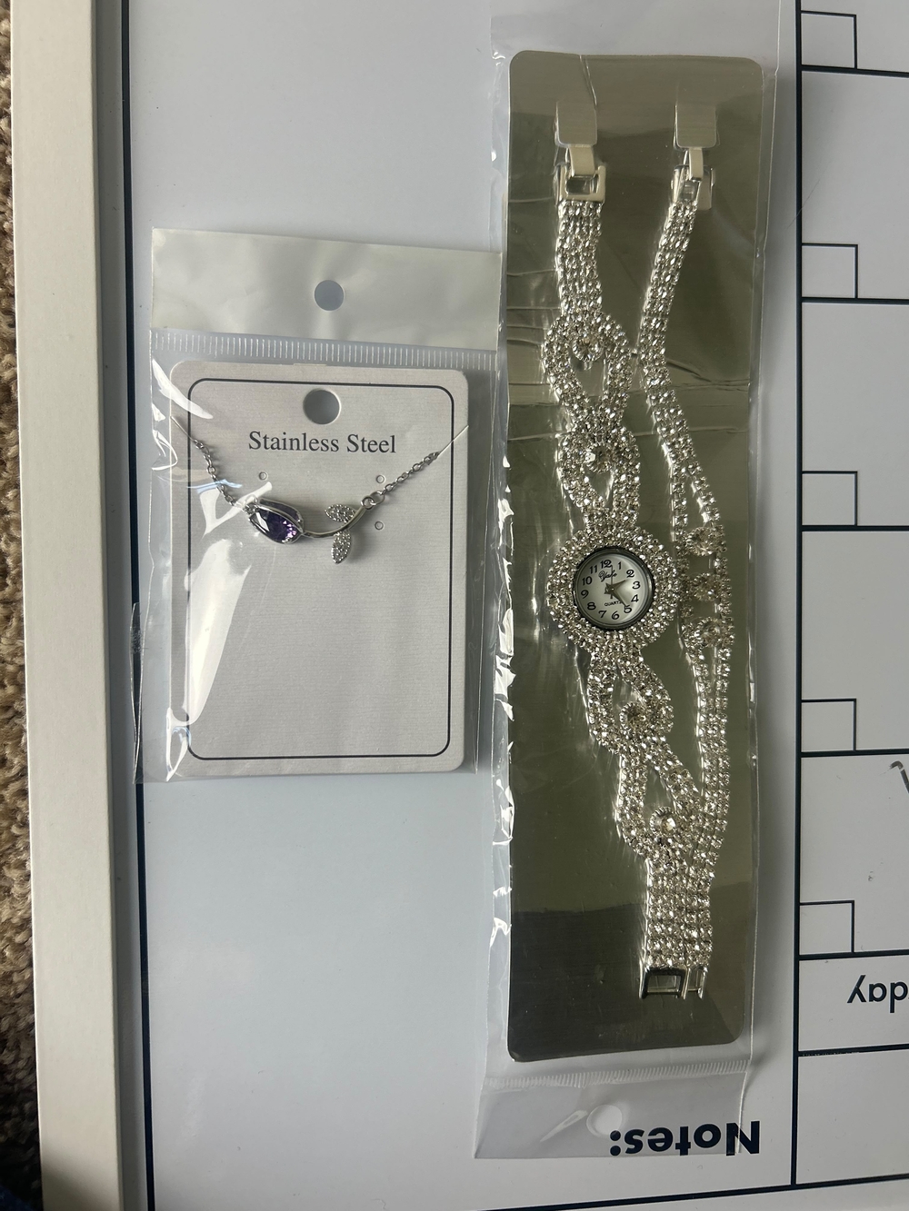 Stainless Steel Purple Teardrop Necklace & Silver Crystal Bracelet Watch Set